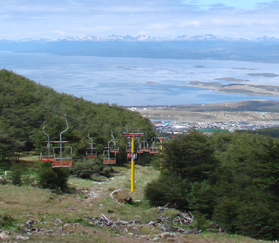Chairlift at Martial Glacier overlooking Ushuaia and the Beagle Channel.  Photo by Gina Nichol. 