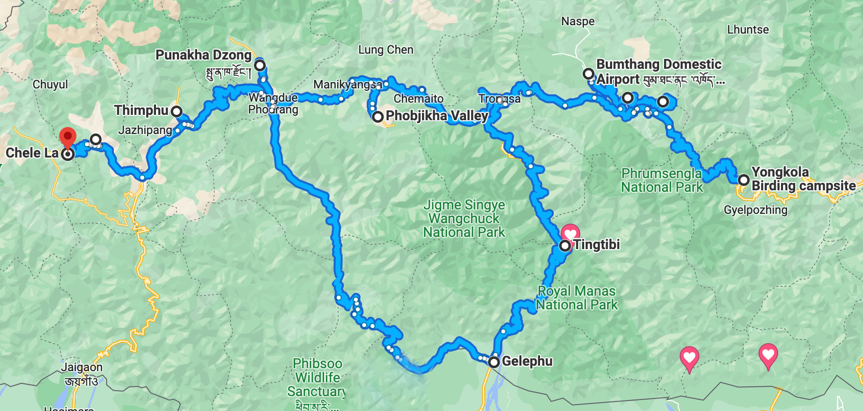 Bhutan Route Map Sunrise Birding