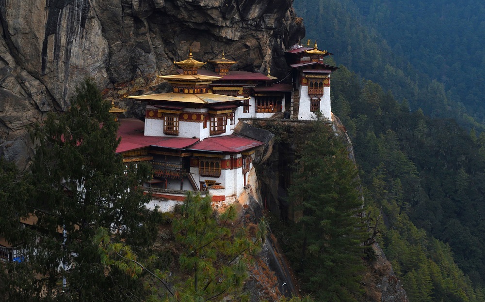 The Paro Taktsang, a sacred Buddhist site constructed in 1692 is located in the cliffs above Paro.