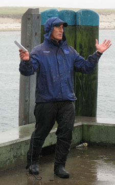 The Weather Channel's Jim Cantore on Chatham Pier.  Photo by Frank Mantlik. 